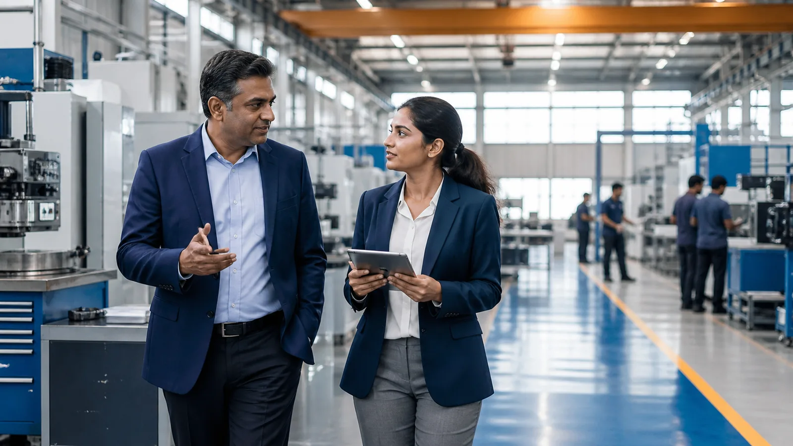 Indian professionals discussing growth inside a modern manufacturing facility